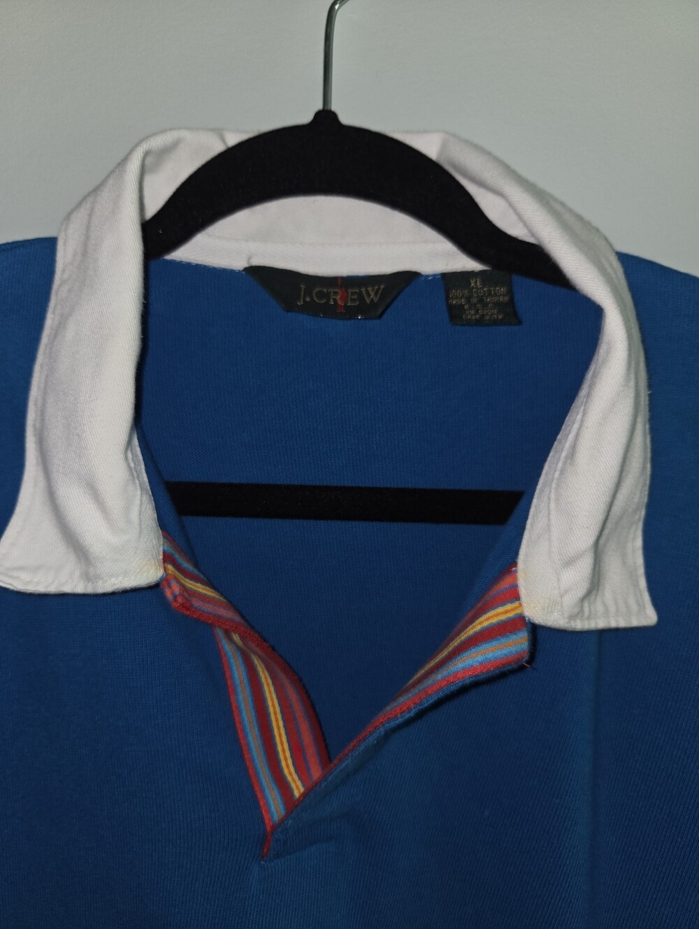 J. Crew Bright Blue Polo with White Collar and Multicolor Trim